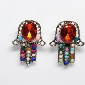 Ruby Color Gem on Metal Beaded Hand Stud Earrings